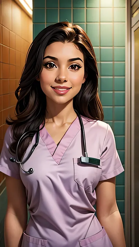 1girl, 2, solo, long hair, brown eyes, smile, doctor, upper body, looking at viewer, tile wall, lips, black hair, scrubs, latina, hospital