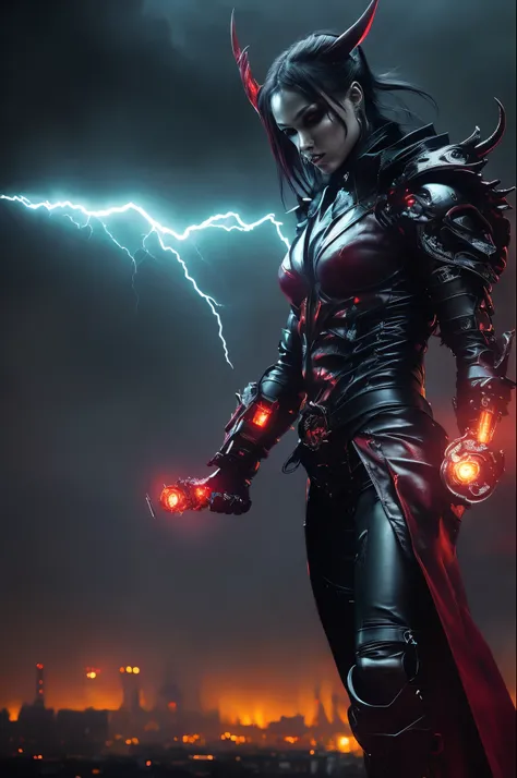 powerfull (demonic creature:1.2), red tech googles, demon mask, androgynous male, strong pose, tech heavy armor, Raiden, metal gear style, lightning effects, thunder effects, dark sky raining, god of thunder, dark hair, infernal city background, tall struc...