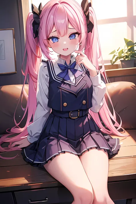 1girl, solo, blue_eyes, rating:s, looking_at_viewer, bangs, ahoge, breasts, blush, pink hair, long_hair, cowboy_shot, depth_of_field, perfect_hand, perfect eyes, indoor, (living room:1.2),(8k, RAW photo, best quality, master:1.2), school uniform, straight ...