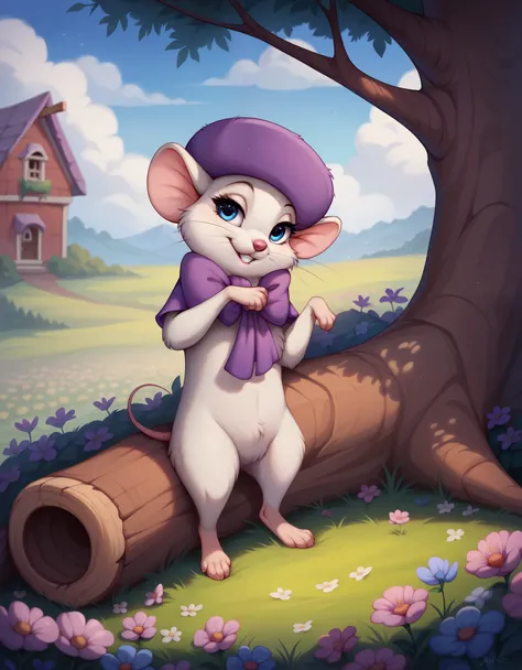 (score_9, score_8_up, score_8, furry, female, feral), (solo, bianca, mouse, hat), (whiskers, blue eyes, eye lashes, crotch tuft, white fur, chest tuft), rodent, teeth (masterpiece, best quality, hires, high resolution, detailed background),  (house, flower...