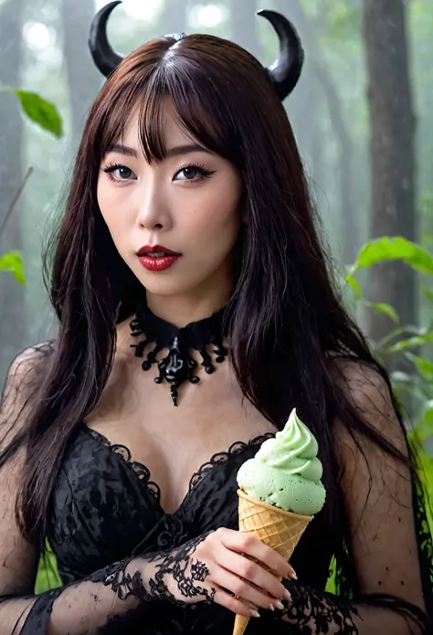 cute yuna (age 25, in the role of Morticia Adams), sleek, dak, elegant, is bringing the viewer an evil treat (green ice cream, monkey skull on top, trailing a misty fog) classy presentation, sultry
