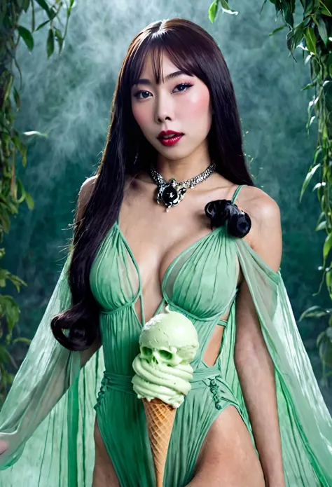 cute yuna (age 25, in the role of Morticia Adams), sleek, dak, elegant, is bringing the viewer an evil treat (green ice cream, monkey skull on top, trailing a misty fog) classy presentation, sultry
