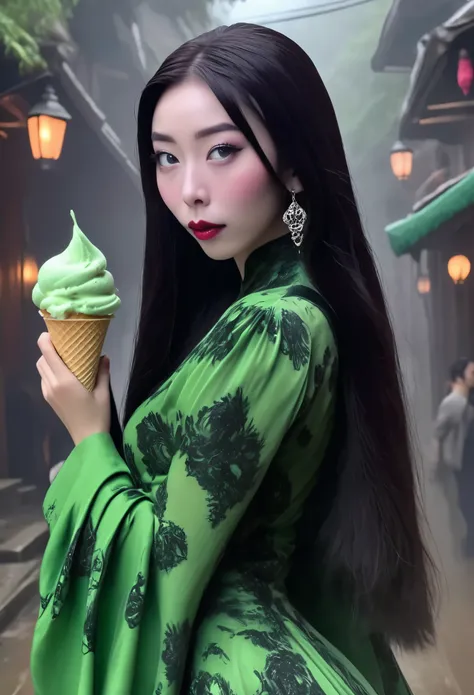 cute yuna (age 25, in the role of Morticia Adams), sleek, dak, elegant, is bringing the viewer an evil treat (green ice cream, monkey skull on top, trailing a misty fog) classy presentation, sultry
