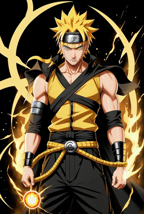 Naruto Uzumaki in Six Paths Sage Mode, with gold and black details that highlight its cape and facial markings. Your aura radiates power and wisdom, with shining eyes, reflecting the divine energy of the sage. The scenario is abstract, with dark and golden...