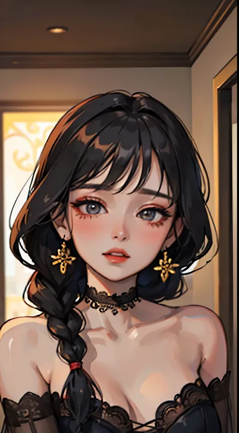 Amazing portrait of a woman who is 30 years old and an adult and a sexy woman in a bedroom with a beautiful detailed face emphasised by some amazing makeup wearing an orange maxi dress with floral patterns and a square neckline that emphasizes her medium c...