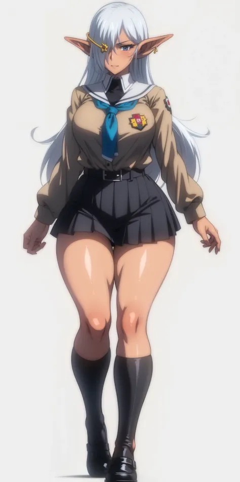 full body standing woman, white background, white hair, long messy hair, bark skin, elf,  school uniform, girlscout uniform, looking to the viewer, short skirt, thick thigh,