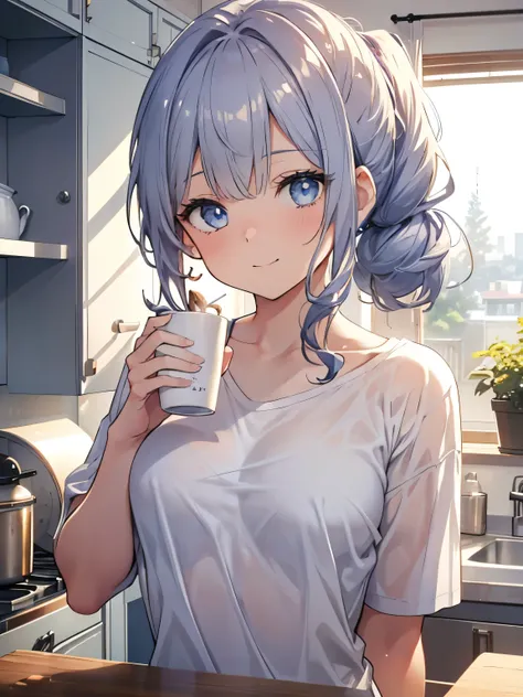 One Girl, Curly ponytail, smile, blue eyes, Wink, View your viewers, Wear a white T-shirt, (kitchen), (morning), Drinking coffee, masterpiece, 8k, Perfect lighting, Perfect outfit, Perfect Anatomy, Perfect Eyes, Perfect Face, Sharp resolution, Shallow dept...