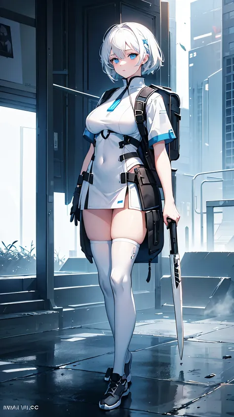 a beautiful young girl with medium sized breasts, white hair, carry a backpack,cinematic lighting, photorealestic, extremely detail, 8k, High resolution, best quality, ​masterpiece，Holding a weapon，blue eyes，Sci-Fi-Stil, skimpy clothes, full body picture