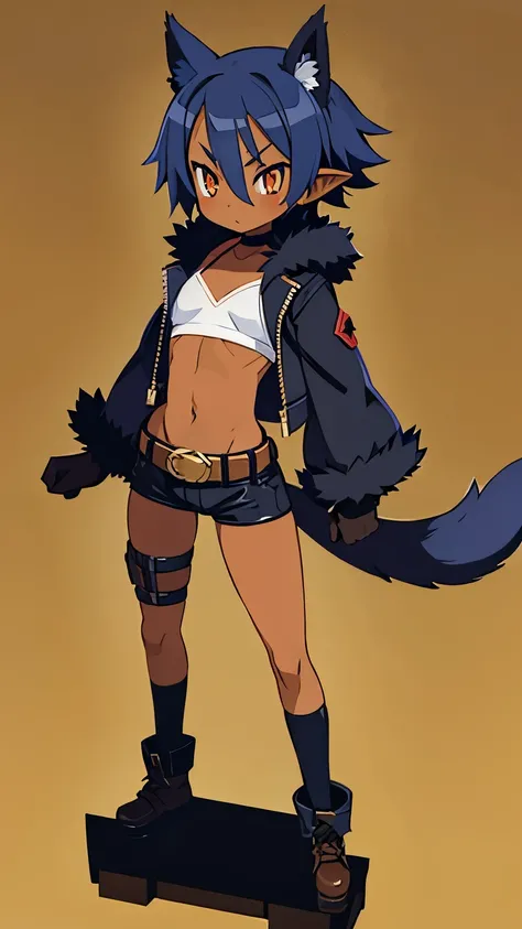 Pygmy, slender, cat eyes, triangular mouth, red cheeks, short, unkempt blue hair, slightly pointed ears, amber eyes, black pupils, dark skin, tan lines, bandages, vest, hot pants, choker, leather gloves, leather shoes, belt, hooded robe, loincloth, fur, bo...