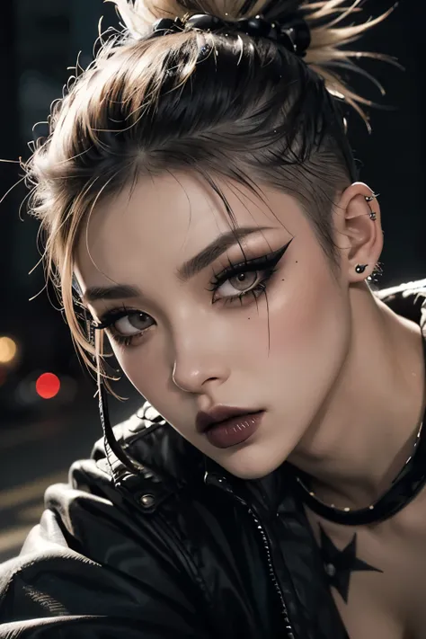 1girl, punk, punk girl, blonde, mohawk with shaved sides, Japanese, outdoors, eyeliner, smoky eyes, mascara, eye shadow, squatting, portrait, closeup, thick eyelashes, big eyelashes, black lips, black lipstick