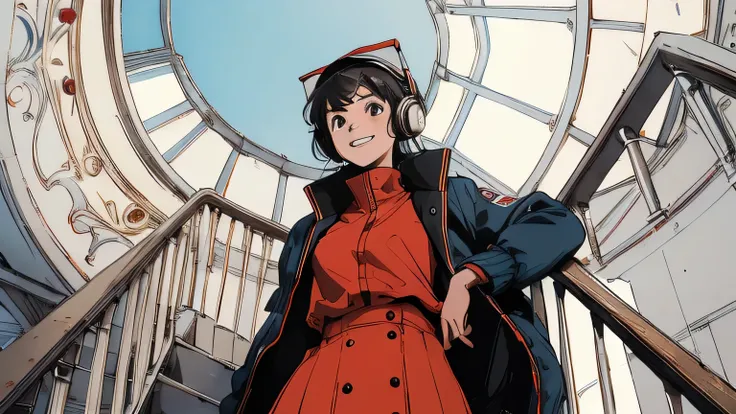 ((Top Quality)),((Very Delicate)),One girl climbing stairs,Cheerful smile,Black and blue combat uniform,White and red sailor suit,Parka,Headphones on head,Giant spiral staircase,Skyscraper city,Fisheye,From below