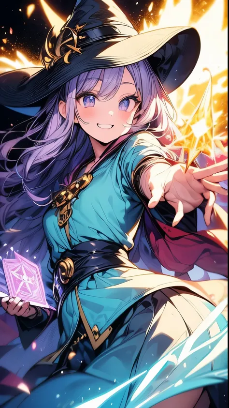 (fantasy illustration style),(anime line art),(cowboy shot, highest quality, ),(Laura Budd Photo:1.2),(Laura Add Details:1.0),8k, vibrant colors:1.2,1 girl,confident smile,(Highly decorative and intricate magical robes, ornate wizard hat with mystical symb...