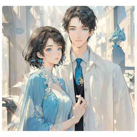 ((Height difference)), Illustration style, cartoon, like, couple, (masterpiece, the best:1.0), ((couple)), ((one person)), ((A woman)), Two people, bad (White fluffy hair, Long curly hair, 3:7. ratio) (blue eyes), A woman (White round face short hair with ...