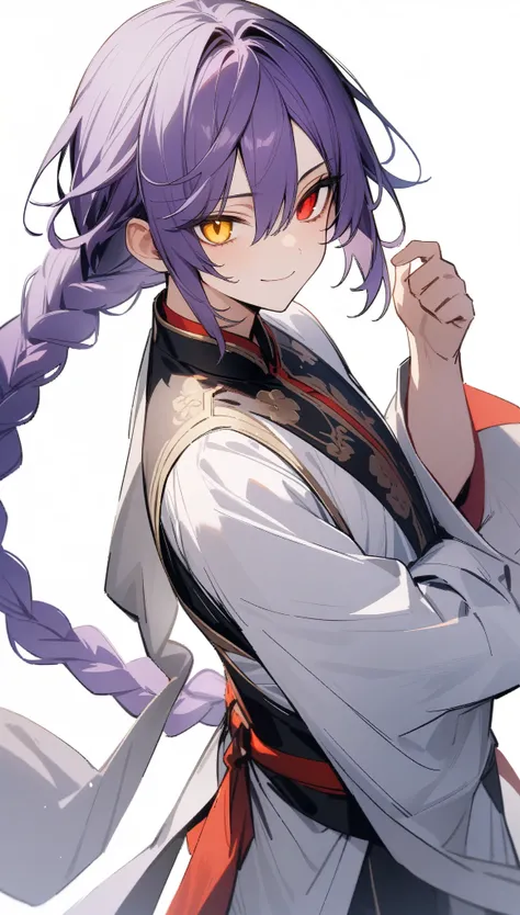 {{masterpiece}}, The best quality of life, 超High resolution, High resolution, Highest quality, 4K, 8k,Attention to detail、BREAK、,One boy、Beautiful Boy（Purple Hair、parted bang、long braid）、((Yellow and red eyes)) ,((Heterochromia iridis))、White Chinese robe、...