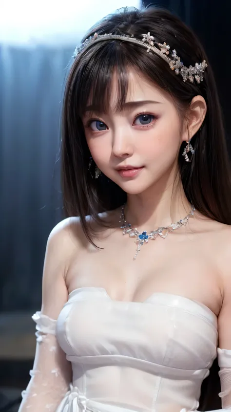 (4k quality:1.3),(Highest quality:1.3),(Whitening:1.4),(Baby Face,Girl:1.3),(The best beauty:1.5),rich,Upper Body,smile,(Black strapless mini dress:1.3),(Different dimension:1.6),Overflowing breasts,(jewelry),Captivate a man,Cleavage,(Super Celebrities:1.5...