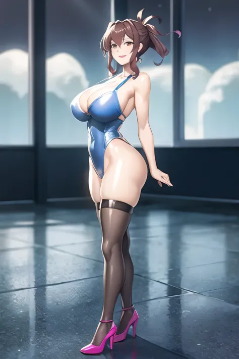 (masterpiece, Best Quality:1.4), (high heel:1.3), Aiko Katsuragi, (full body shot:1.05), mature woman, milf, curves, 1 girl, Alone, anime face, standing, pose sexy, side view, transparent leotard, Stupid, (thighs:1.05), high heels, make up, big breasts, li...