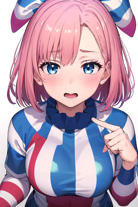 girl,boyish, very short hair, pink Hair, medium Breasts, glossy tight Clown Clothes,blush,sexy face,blue eyes,Tight fit,clearly,Striped pattern, (white background:1.3), aroused face, seiza, Clown face makeup