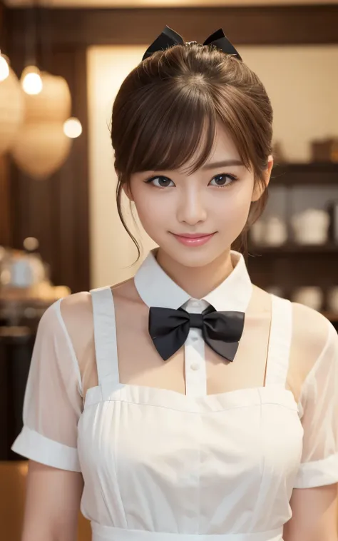 Cute 2 Japanese、apron、Black bow tie、Waiter、Cafe、Highly detailed face、Attention to detail、double eyelid、Beautiful thin nose、Sharp focus:1.2、beauty:1.4、(Light brown hair、short hair、)、Pure white skin、Highest quality、masterpiece、Ultra-high resolution、(Realisti...