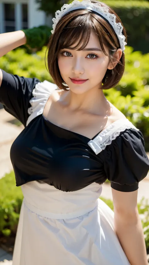 (A beautiful and cute maid is dressed in a maid uniform and standing gracefully in the mansion garden:1.3), 
BREAK 
(maid uniform:1.3, black dress:1.2, white apron, white lace headpiece, detailed cloth texture:1.2), 
BREAK 
(Photorealistic, 32k, RAW photo,...