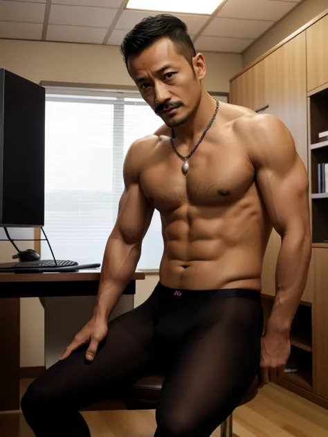 40 years old，Hidetoshi Nakata，（Kogoro Mori 1.3），whole body，Body，Topless，muscle，office，sit on the chair，foot，foot张开，stocking，Suit，necklace，Lean，black，sock，Thick body hair，chest hair，Tights，underwear，Fortitude，HD，With a mustache