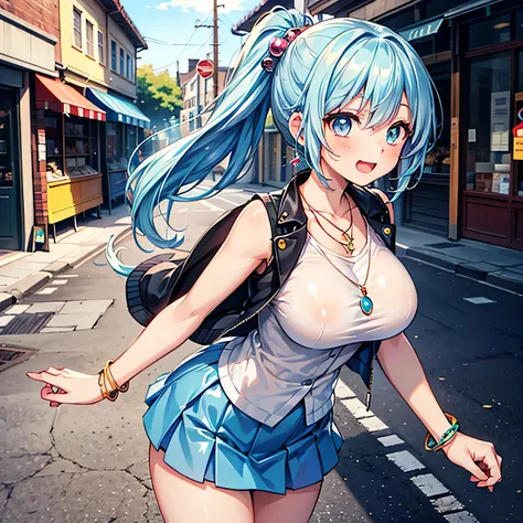 Anime Moe Art Style,Highest quality,High resolution,Anatomically correct,Mid-teens,One Girl,Light blue hair ponytail,Super detailed,Big Breasts,Shiny skin,Beautiful Skin,A rich expression,Laugh brightly,profile,Sleeveless jacket,mini skirt,necklace,bracele...