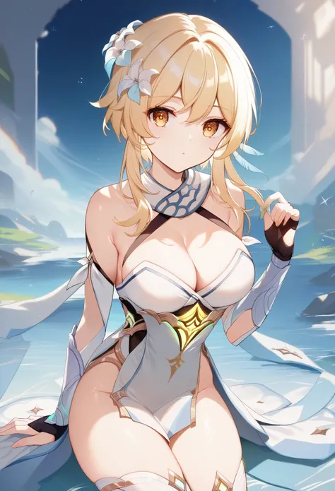 score_9, score_8_up, score_7_up, high quality ,masterpiece ,best quality ,rate_questionable , character_Lumine_Genshin Impact ,large breast ,blond hair ,Beautiful Skin ,yellow eyes