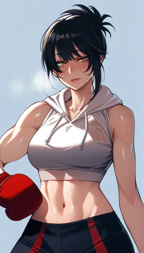 black hair,masterpiece,best quality,highres,ultra-detailed,aashizue,yellow eyes,long hair,(sleeveless hoodie:1.2), boxing gloves...