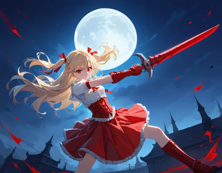 1girl, solo, dutch angle, acrobatic pose, weapon over shoulder, Holding a sword, Diabolical, Gloomy painting style,
Anime Girls, white shirts, red corset, red frills skirt, white lobe, blonde, two side up , red eye,
red full moon, night sky, night, red m...