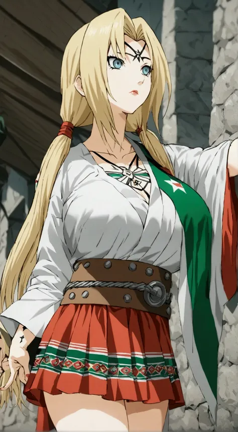 Bullet belt covering her large breasts,a very short skirt,White color,some green, white and red bows, from the flag of Mexico,Adelita&#39;s Mexican attire,((Tsunade Senju))((Naruto))((blond hair ,2 hanging pigtails))((diamond tattoo on forehead))