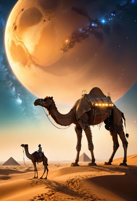 Against a warm golden hour backdrop, a majestic mechanical/cyborg/camel male stands tall beside a curious chameleon on a vast desert landscape. Giant sand dunes stretch to the horizon, where pyramids and statues of Ra rise like ancient sentinels. Vibrant s...