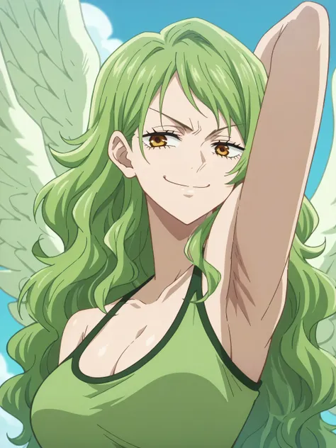 score_9, score_8_up, score_7_up, source_anime, anime screencap, 1girl, solo, outdoors, monet, green hair, wavy hair, amber eyes,...