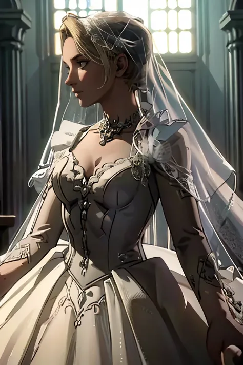 (masterpiece, best quality:1.3)mortalsonyablade, 1girl, solo, blonde hair, wearing a wedding dress, bridal veil, inside a church