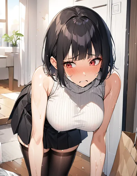 One girl,alone,Blunt bangs,1,short hair,big_chest,black-hair,Red eyes, thin_No sleeve_turtleneck_white_sweater,black_Pleats_skirt,black_Knee socks,brown_boots,Apartment, distress, Wet,Holding a shopping bag,Tilt_forward,