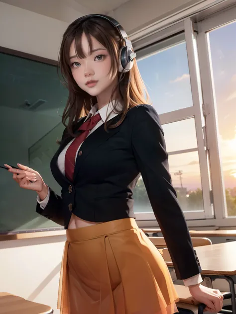 (8k,Photorealistic, masutepiece, Best Quality, Raw photo:1.3)、1woman in, 25years old,Solo,school girl, Long hair, Brown hair, Detailed beautiful face, alluring face, (Detailed beautiful brown eyes:1.2), medium breasts,(loose suit, sheer Skirt :1.35), ( Per...