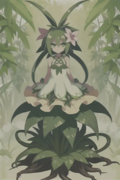 Plant Alraune Serious Green hair Green eyes Flower dress Lower body is plant Roots