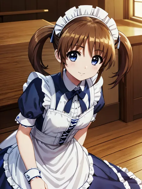 nanohatakamachi, nanoha takamachi, takamachi nanoha, brown hair, twin tails, blue eyes, smile、closed mouth、standing、knees、white ...