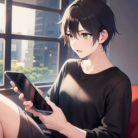 (2 male:1.2) and (Brown short hair) and (Green Eyes),(looking away:1.5)upper body、 (talking on the smartphone:1.5),(handling_smart_phone, smart_phone:1.2) shiny skin,masterpiece、Highest quality、 Black Shirt、 smile,open mouth,The background is the living ro...