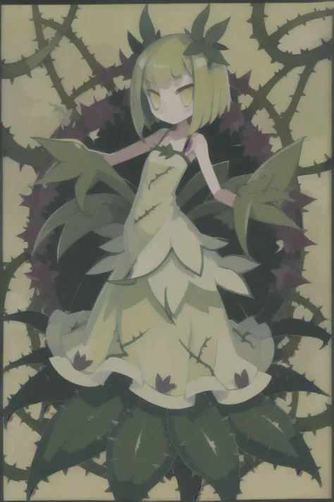 Plant Alraune Beautiful girl Green hair Bob hair Yellow eyes Round eyes Thorns on hands Lower body is plant Flower dress