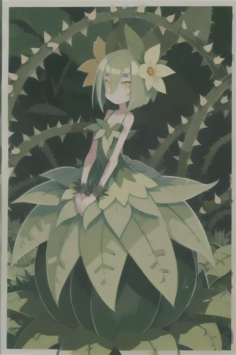 Plant Alraune Beautiful girl Green hair Bob hair Yellow eyes Round eyes Thorns on hands Lower body is plant Flower dress