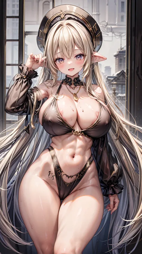 Very detailed、Highest quality、A masterpiece、8k、Blonde Long Hair、Open mouth smiling、Large Breasts、Cowboy Shot、Wearing high leg thong、(SFW Giant Body:1.3)、necklace、highleg、Arm Sleeves