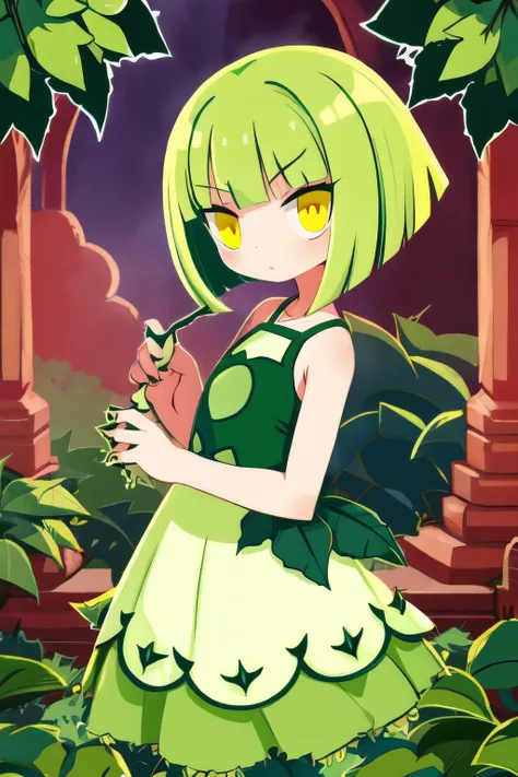 plant alraune beautiful girl green hair bob hair bangs yellow eyes round eyes thorns on hands lower body is plant flower dress