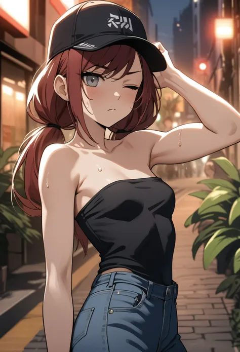 【Highest Quality, masterpiece】 [stoic young woman,, deep gray eyes, one eye closed, squeezing through crowded street, hand in hair, slender bicep, swept bangs, dark red hair,low twin tails, strapless black shirt, black baseball cap, blue jeans, black comba...