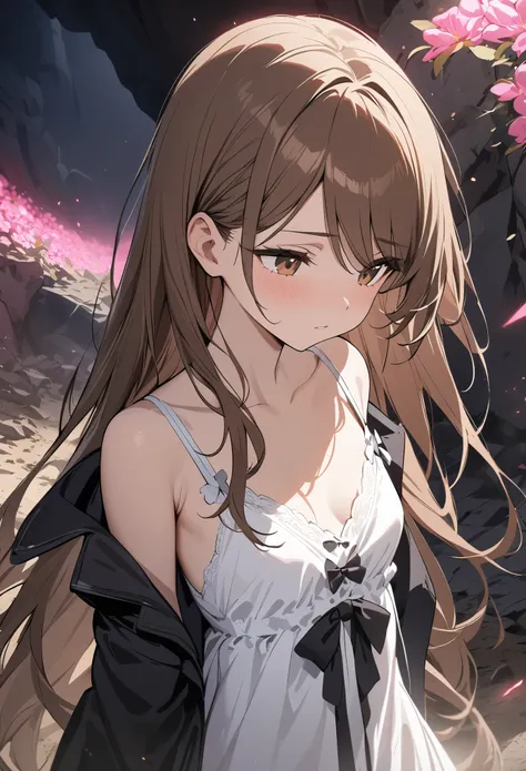 Best quality, masterpiece, close up, looking ahead, dust, rubble, very long hair, brown hair,detailed brown eyes, swept bangs, white nightgown with black bow detail, black coat, cave, field of glowing pink flowers, night, small breasts,