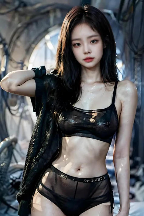 jennie kim, wearing a grey sweater, without visible bra , wearing black thong, pose sexy, showing the beauty of her body