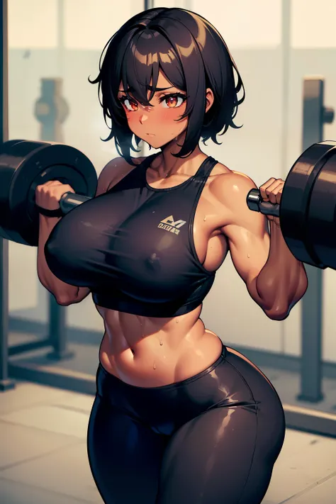 Dark skin, tan skin, black gymclothes,black yoga pants, at the gym, curves, curvy, wide hips, sexy woman, lifting, lifting weights, 🏋️, lifting dumbbells, lifting, lifting weight neutral expression,curvy woman, short black hair, hair dark skin, big boobs, ...