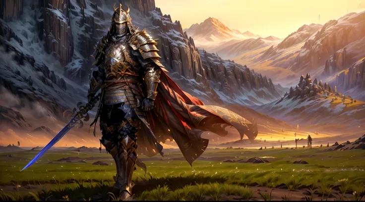 arafed knight walking in a field with a sword in his hand, a human male paladin, male paladin, silvain sarrailh, hero character art, arsen lupin as a paladin, fantasy paladin, epic graphic novel wallpaper, epic full color illustration, arvalis, epic fantas...