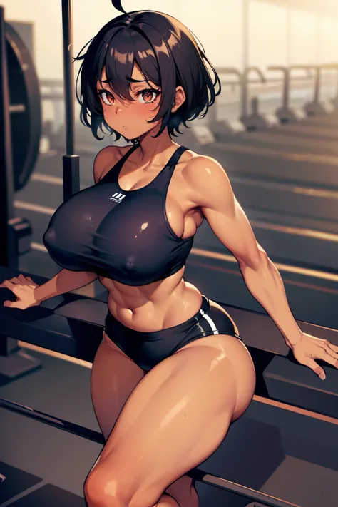 Dark skin, tan skin, black gymclothes,black yoga pants, at the gym, curves, curvy, wide hips, treadmill , running on treadmill, treadmill, running on treadmill, treadmill sexy woman, , running, neutral expression,curvy woman, short black hair, hair dark sk...