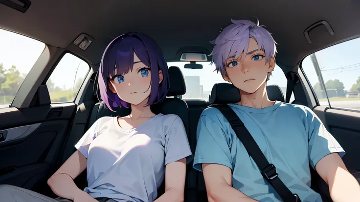 a 2 girl (Whole body), short purple hair, blue eyes, He is wearing a white t-shirt and green sports pants.,  She is sitting in the passenger seat of a car. looking to the back seat. (notices two bags in the back seat)