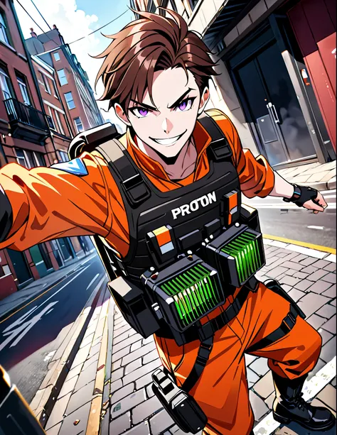 Masterpiece, Best Quality, High Resolution, 1man, adult, male focus, Solo, Solo focus, Detail, Looking at viewer, fix hands, Cowboy Shot. Short Hair, Brown Hair, Comb Over, Purple Eyes, evil smirk, orange jumpsuit, goggles, bulletproof vest, black combat b...