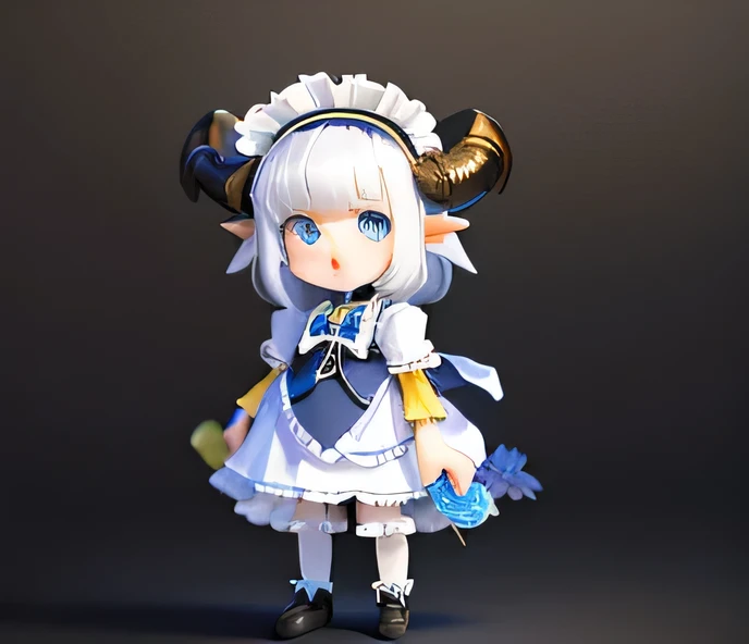 A full-body picture of a very cute, petite girl with white medium-length hair, a blue left eye, a yellow right eye, ram horns, pale blue skin, a frilly headband and a maid outfit.